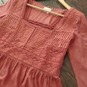 ANTHRO I Terra Cotta Nosara Crochet Lace Peplum Shirt Top by Meadow Rue, S
